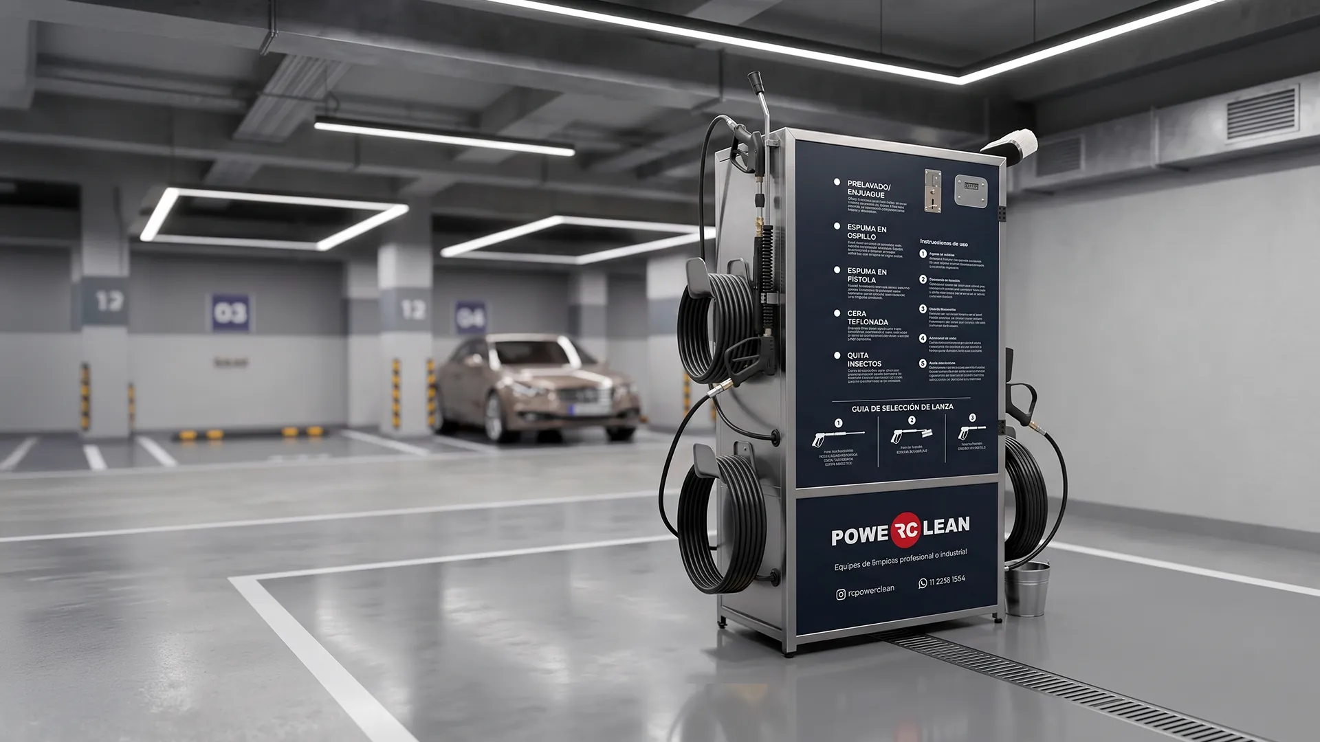 Módulo de autolavado self-service RC POWERCLEAN instalado en una cochera