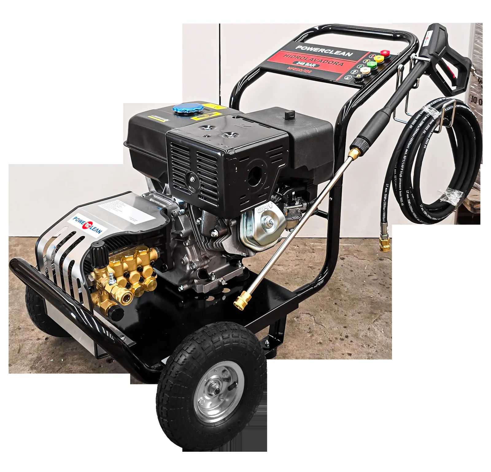 Hidrolavadora Powerclean NF250 a explosión, con motor a nafta, bomba de bronce y manguera enrollada sobre el carro