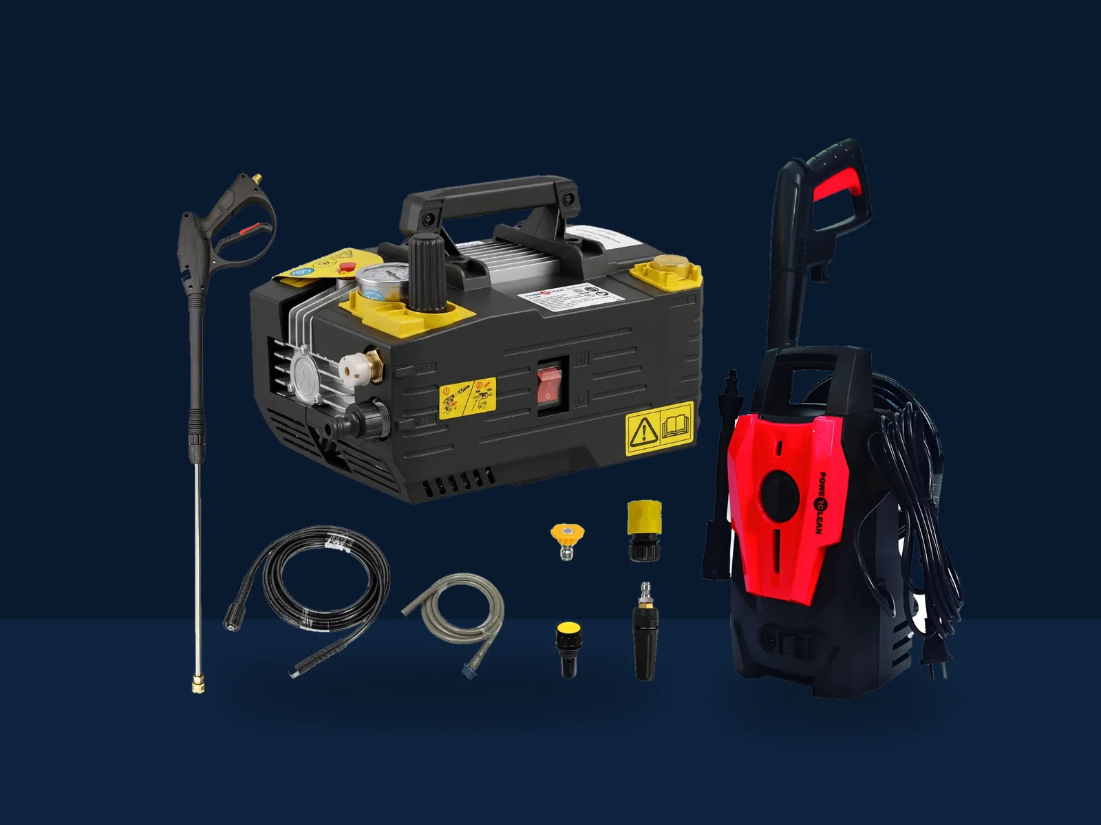 Hidrolavadoras Powerclean LT590 y LT206 con sus accesorios, sobre fondo azul