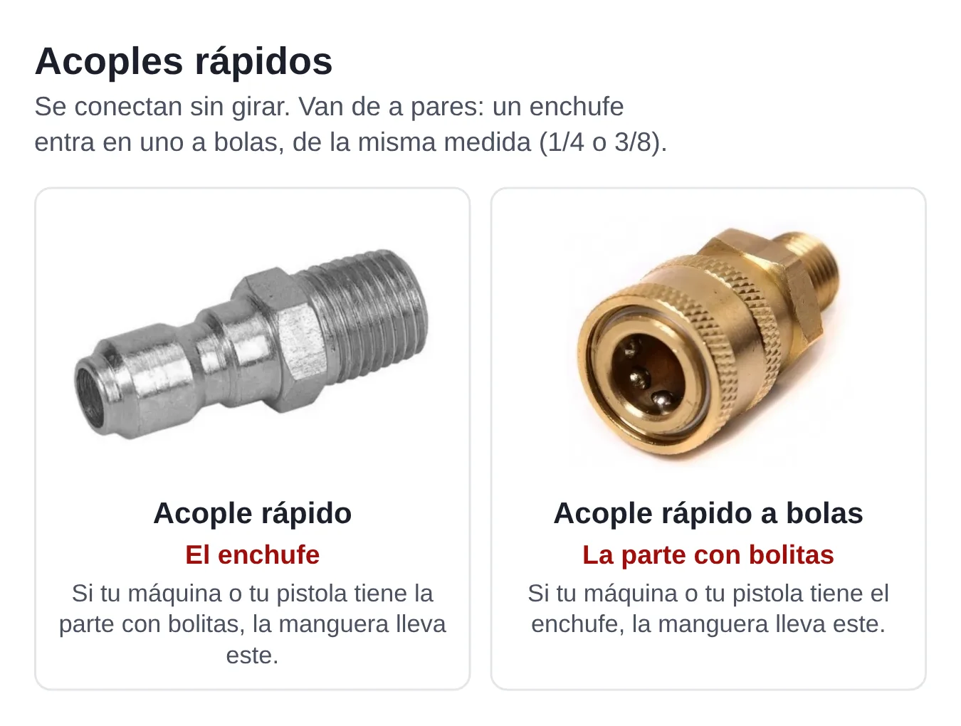Acople rápido (el enchufe) y acople rápido a bolas (la parte con bolitas).