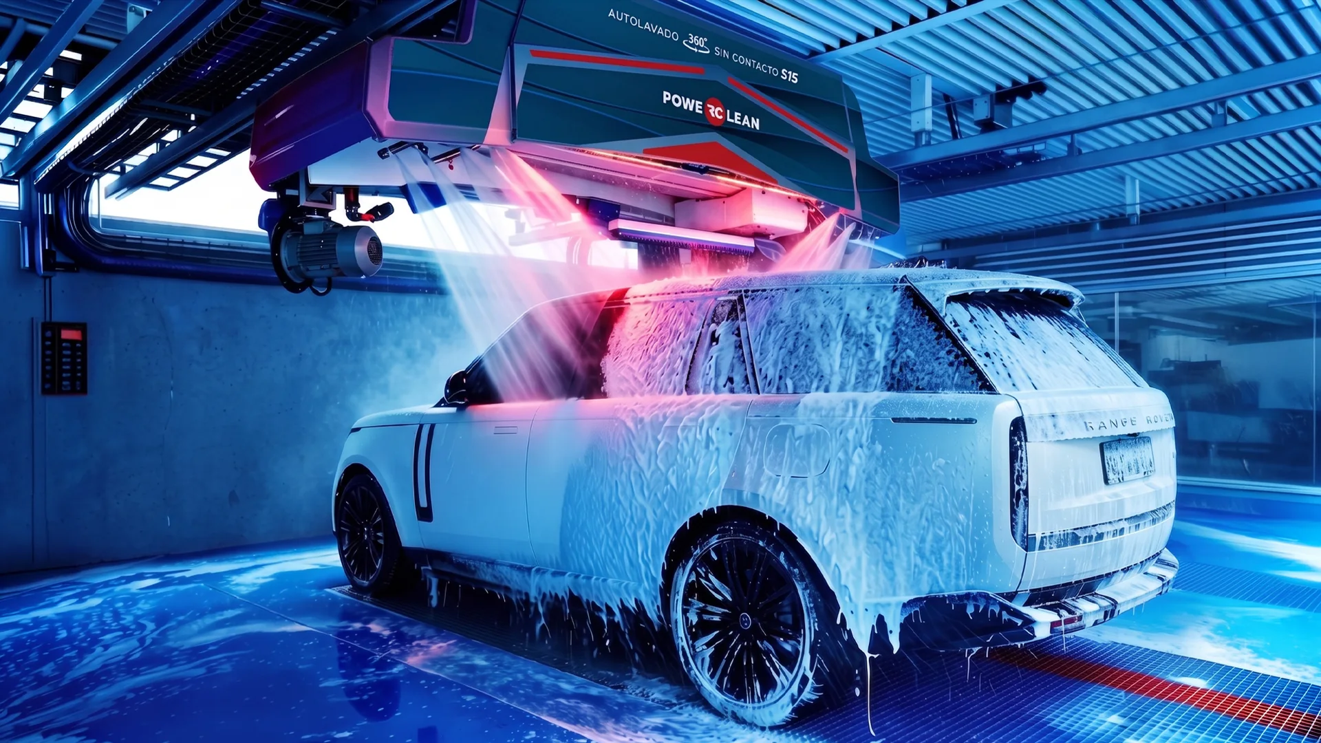 Pórtico de lavado automático sin contacto RC POWERCLEAN cubriendo de espuma una camioneta
